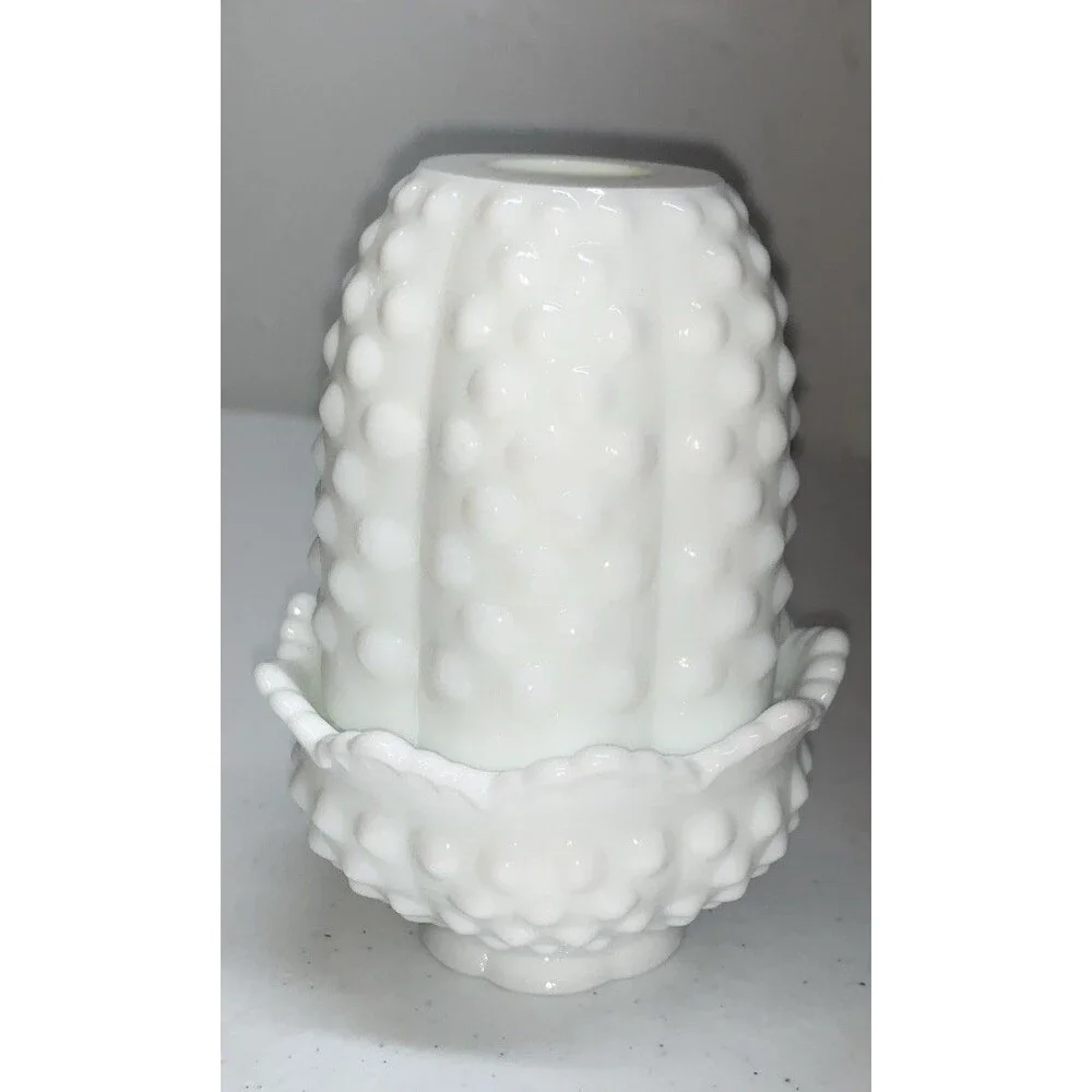 Vintage Fenton Hobnail White Milk Glass Fairy Lamp Candle Holder 4.5”